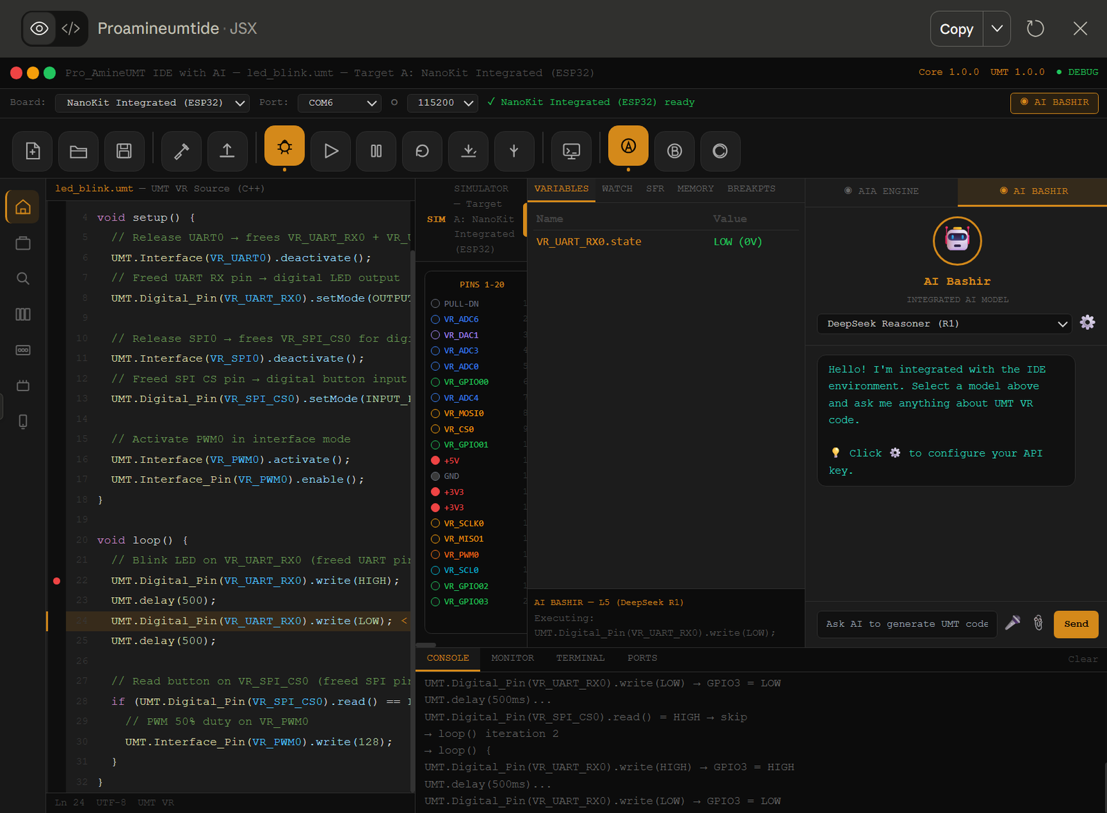 Pro_AmineUMT IDE with AI: the code editor, board selection, and AI Bashir assistant panel